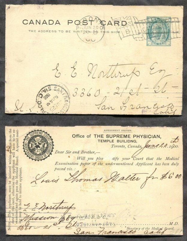 d270 - TORONTO 1900 Bickerdike Flag on Foresters Postal Card. Supreme Physician