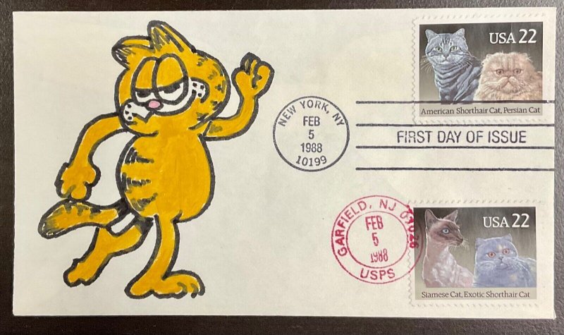 2372 & 2375 Hand painted image of Garfield the cartoon  American Cats FDC 1988  