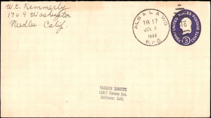 1956 ALB & L A WD RPO RAILROAD POST OFFICE CANCEL