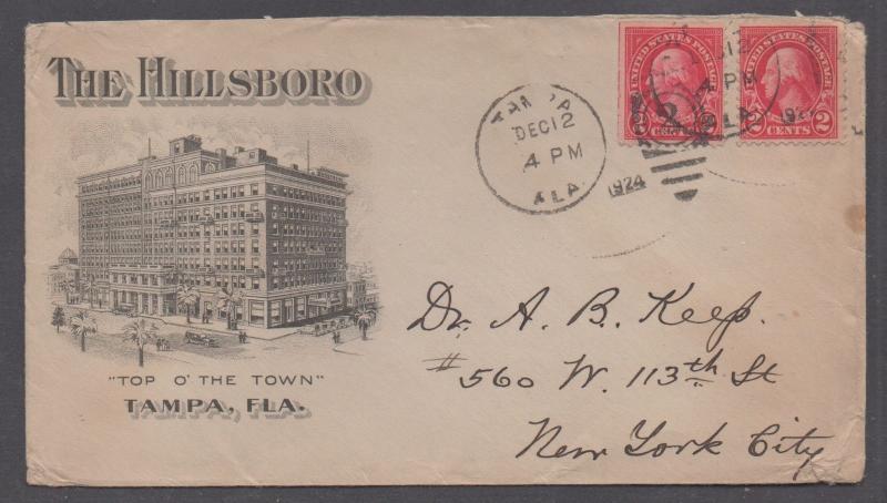 **US 20th Century Advertising Cover, Tampa, FL, 12/12/1924, Hillsboro Hotel