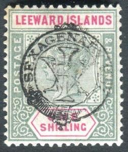 LEEWARD ISLANDS-1897 1/- Green & Carmine OVPT DOUBLE (partial) + CERT Sg 15a