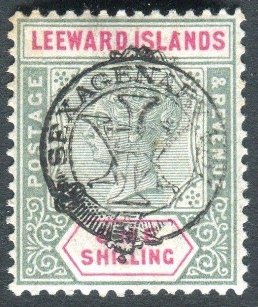 LEEWARD ISLANDS-1897 1/- Green & Carmine OVPT DOUBLE (partial) + CERT Sg 15a