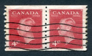 Canada 1949 KGVI. Pair x COIL 4c carmine lake. Imperf x P9.5. Used. SG422.