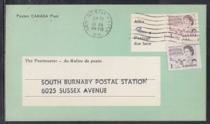 Canada - Nov 1970 $0.02  New Westminster, BC Shortpaid Mail Card