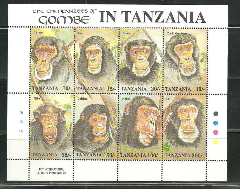 Tanzania 876 A-H MNH sheet Chimpanzees of Gombe SCV 12.00