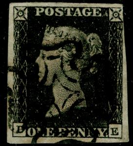 GB 1840 SG2, 1d black PLATE 1b, USED. Cat £375. BLACK MX.