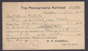 1934 THE PENNSYLVANIA R,R, GIVES SHIPPING DATA ON U.S. POSTAL CARD