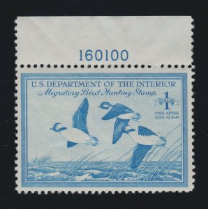US RW15 $1 Federal Duck Stamp Mint Plate # Single VF OG NH SCV $60 (002)