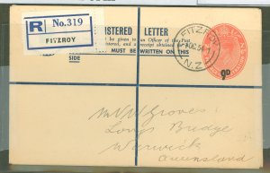 New Zealand  1954 9cent/6cent Reg. Envelope, used from Fitzroy, arrival cancel on Reverse