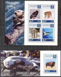 Solomon Islands 2014 Endangered Animals Tigers Turtles Birds sheet + S/S MNH