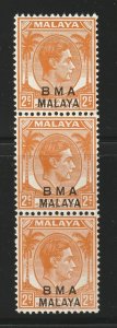 Malaya Straits 1947 KGVI BMA 2c MInt vertical 3V block SG#2 Die II MSCA M1830