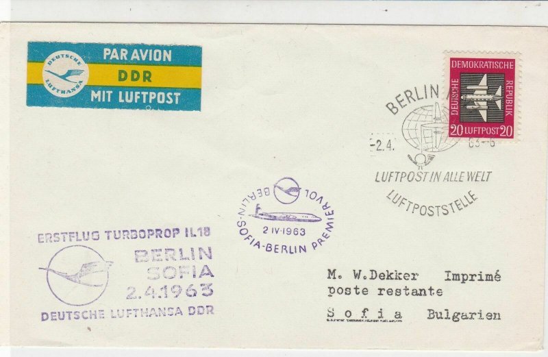 DDR 1963 Airmail Berlin Sofia Slogan Cancels First Flight Stamps Cover ref 22724