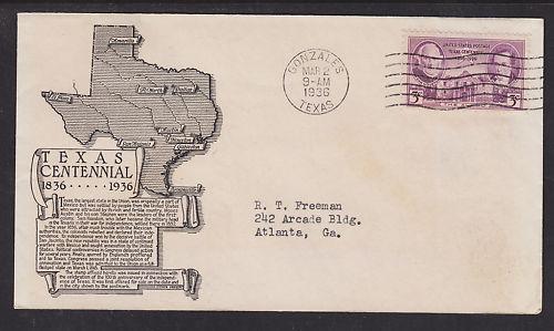 US Sc 776 FDC. 1936 3c Texas Centennial, Anderson Cachet