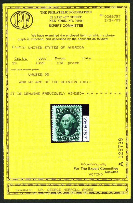 U.S. #35 MINT with PF Cert OG Previously Hinged