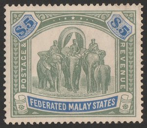 FEDERATED MALAY STATES 1922 Elephants $5 green & blue, wmk script.  