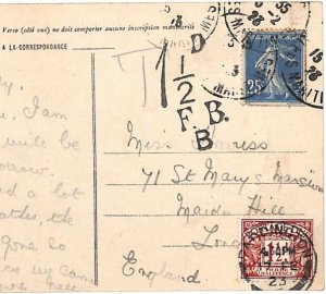 FRANCE Underpaid Nice Card GB POSTAGE DUES 1½d Brown Paddington 1923 CDS GD6