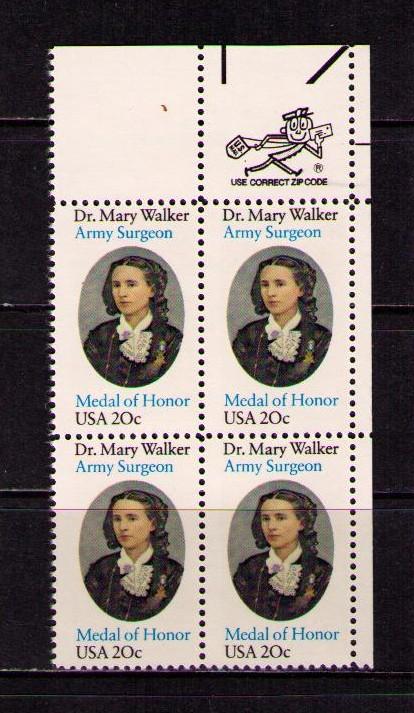 US USA Sc# 2013 MNH FVF Blk4 Mr. Zip UR Dr. Mary Walker