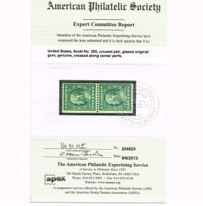 VERY AFFORDABLE GENUINE SCOTT #385 F-VF MINT OG NH 1910 GREEN COIL PAIR APS CERT