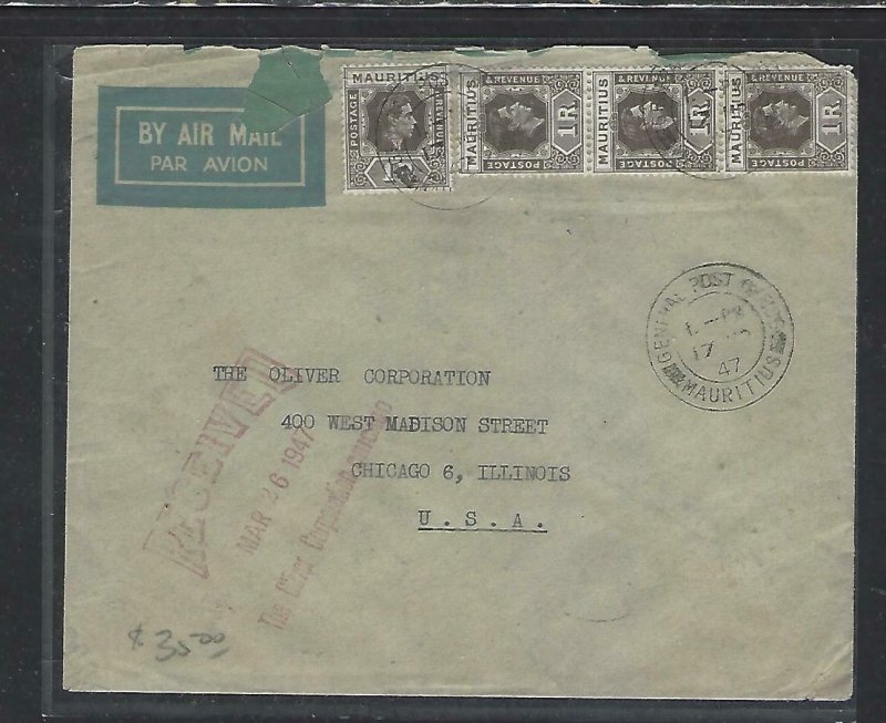 MAURITIUS COVER (P1311B) 1947 KGVI 1RX4+PEACE 20C BL OF 6 A/M TO USA