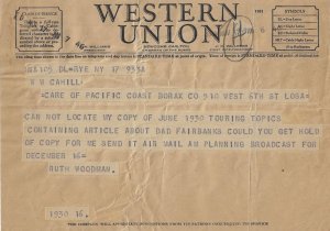 Ephemera: 1943 - Telegram regarding a Radio Episode of Death Valley Days