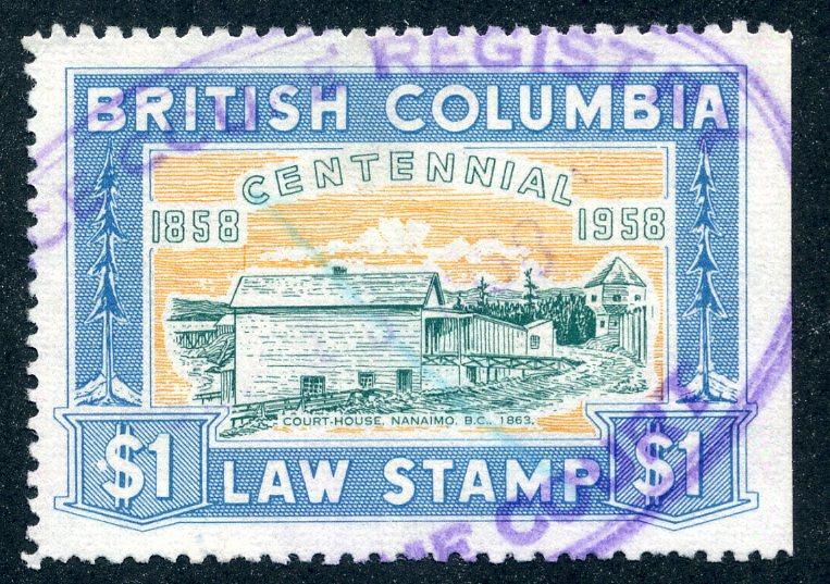 van Dam BCL49 - $1 blue - Used - British Columbia Law Stamp - 1958 Centennial