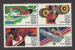 USA #C104a / 08a & 112a MNH blocks of 4, 1984 Summer Olympics, issued 1983