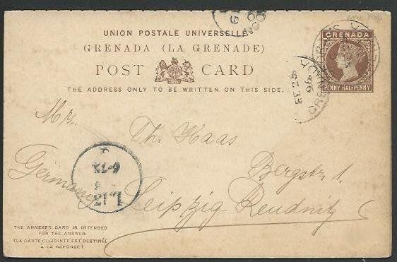 GRENADA QV 1½d + 1½d reply postcard used 1896 to Germany...................61057