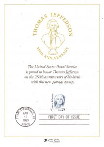 USPS FDC Ceremony Card #2185 Thomas Jefferson Monticello UVa 1993