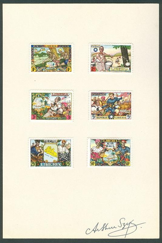 LIBERIA #309-12 C63-4 Complete set on card signed by Arthur Szyk