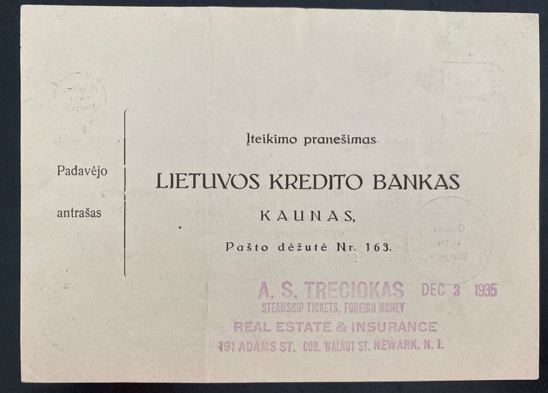 1935 Kaunas Lithuania Money Order Postal Receipt cover  To Kalvarija 