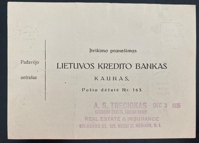 1935 Kaunas Lithuania Money Order Postal Receipt cover  To Kalvarija