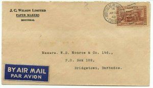 20c single use Double 10 cent airmail 1/4 oz 1940 to BARBADOS BWI Canada cover