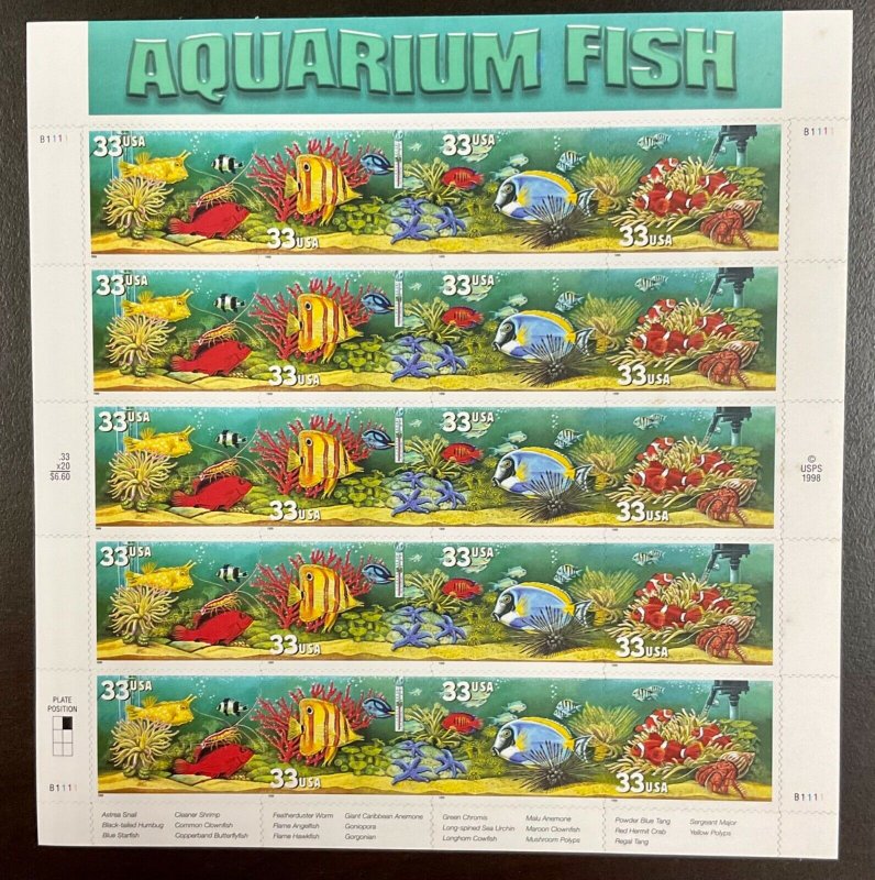 3317a-3320a Aquarium Fish MNH 33 c stamp Overall tagging Sheet of 20 FV $6.60