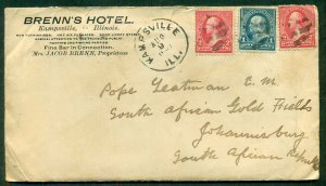 1897, Multi franked cover to SOUTH AFRICA, w/BRENN'S HOTEL, KAMPSVILLE ILL ad