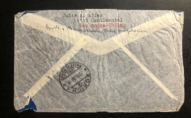 1936 Los Andes Chile Airmail Cover to Zurich Switzerland 3