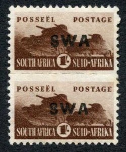 South West Africa SG130 1/- Small overprint Pair M/M (tone spot) Cat 19 pounds