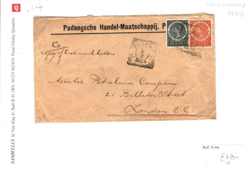 DUTCH EAST INDIES Cover *Padang* Squared Circle GB London PETROLEUM 1904 SQ14