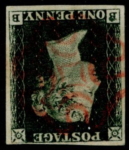 SG2, 1d black PLATE 1b, FINE USED. Cat £2500. RED MX. WMK INV. BB 