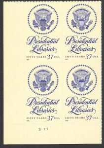 US Plate Block, Cat #3930, Presidential Libraries, MNH*-