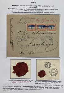 1917 Huanuni Bolivia Simon Iturri Red Wax Seal Cover To Santiago Chile
