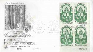 1960 FDC, #1156, 4c Fifth World Forestry Congress, Art Craft, plate block of 4