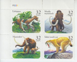 1996 USA Prehistoric Mammals Pl#B4 (Scott 3077-80a) MNH