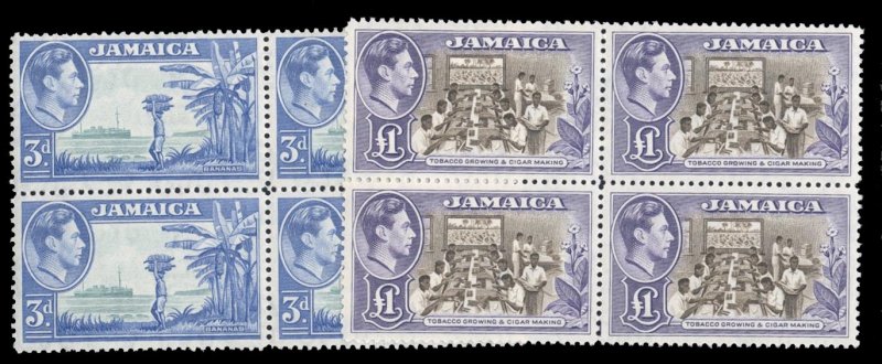 Jamaica #140-141 Cat$193, 1949 George VI 3p and £1, blocks of four, never hinged