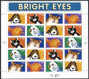 United States #3230-3234 32¢ Bright Eyes (1998). Mini-sheet of 20 stamps. MNH