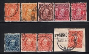 New Zealand 1909 E7 Group of 9 Used Including 1sh Official CV$100+