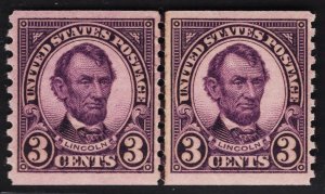 US #600 3c Violet Lincoln Joint Line Pair MINT NH   SCV $60.00