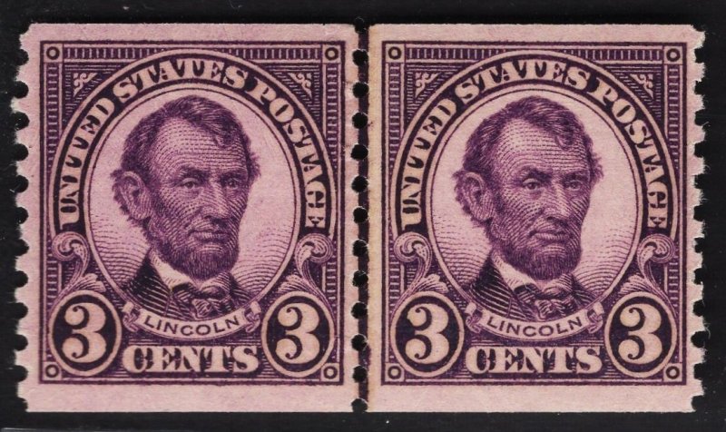 US #600 3c Violet Lincoln Joint Line Pair MINT NH   SCV $60.00