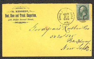 USA #207 STAMP KENNEDY BOOT SHOE & TRUNK AD PHILADELPHIA PENNSYLVANIA COVER 1882