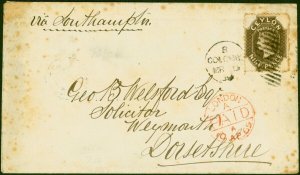 Ceylon 1869 Cover to Weymouth Bearing 9d SG69 Attractive