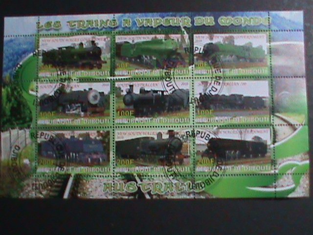 DJIBOUTI-2010 WORLD FAMOUS LOCO MOTIVE TRAINS CTO SHEET VF-WITH FANCY CANCEL